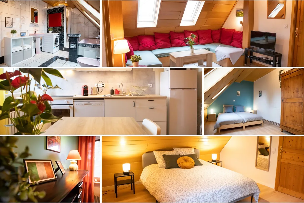 Mosaïque de six photos de l'appartement : salon mansardé aux coussins rouges, cuisine équipée, deux chambres, bureau et salle de bain