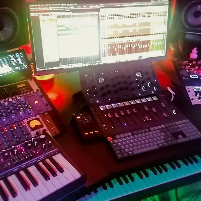 Gros plan sur le poste de mixage : enceintes de proximité, préamplis format 500, surface de contrôle motorisée, synthétiseur et claviers